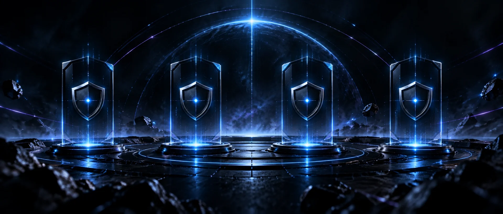 Four illuminated defensive shield structures in a secure digital environment