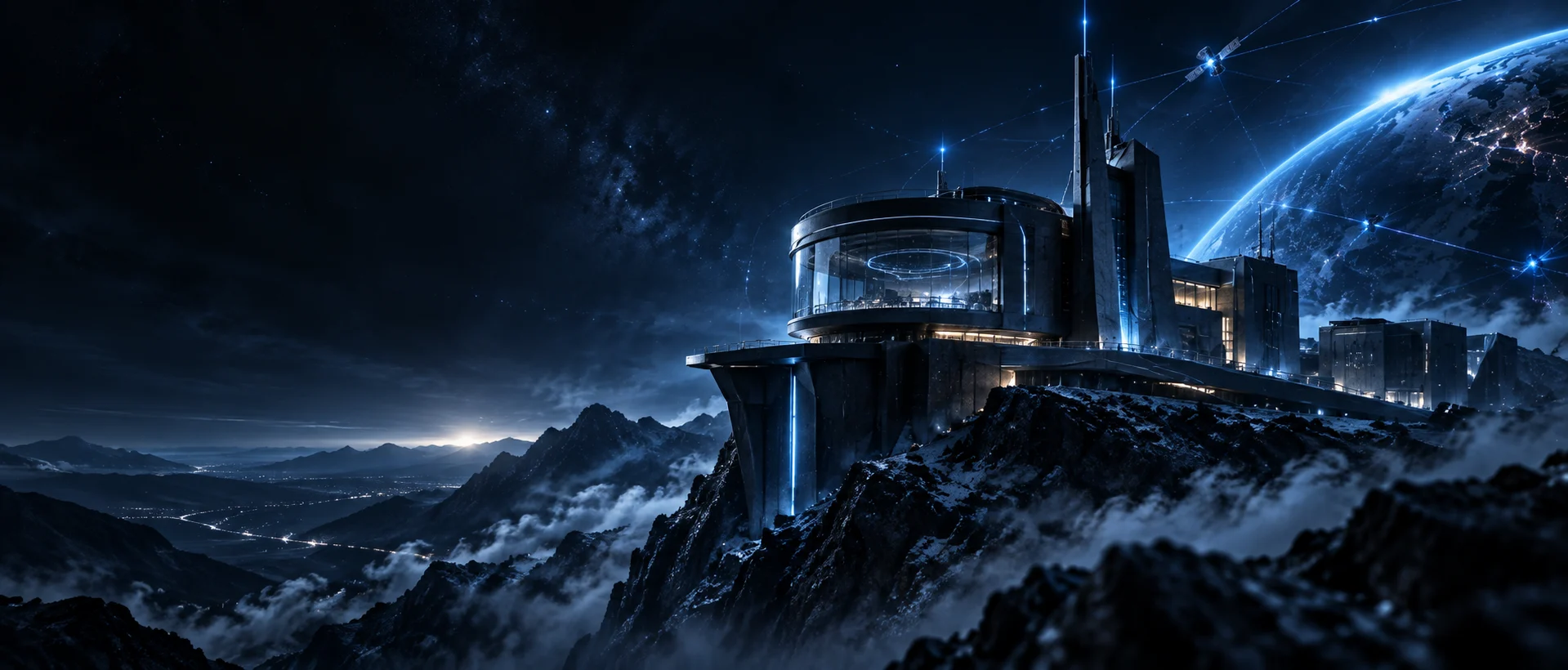 Secure technology observatory above a connected mountain landscape